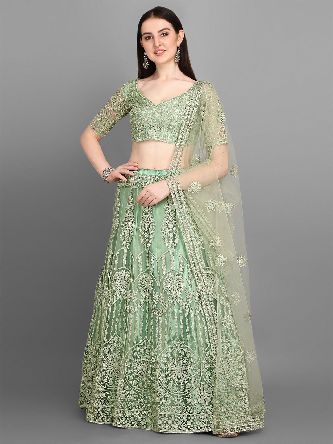 Bollyclues Lime Green Embroidered Semi-Stitched Lehenga & Unstitched Blouse With Dupatta Price in India