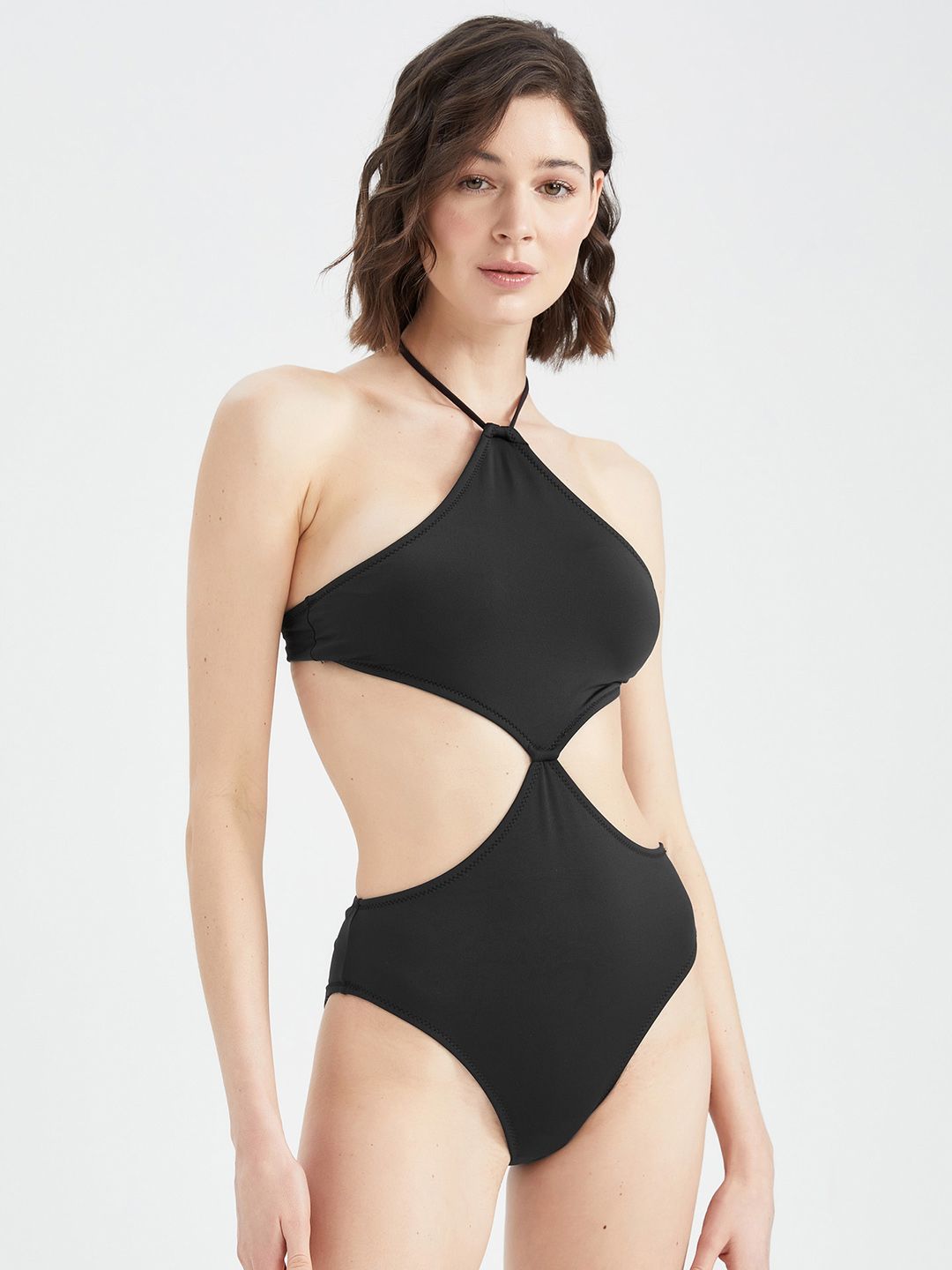 DeFacto Women Black Solid Cut Out Monokini Price in India