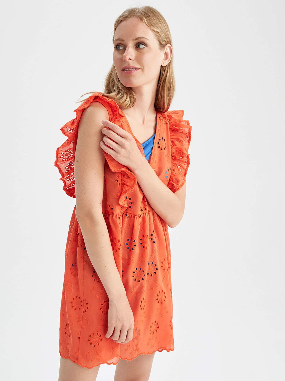 DeFacto Women Orange Embroidered Cover-Up Dress Price in India