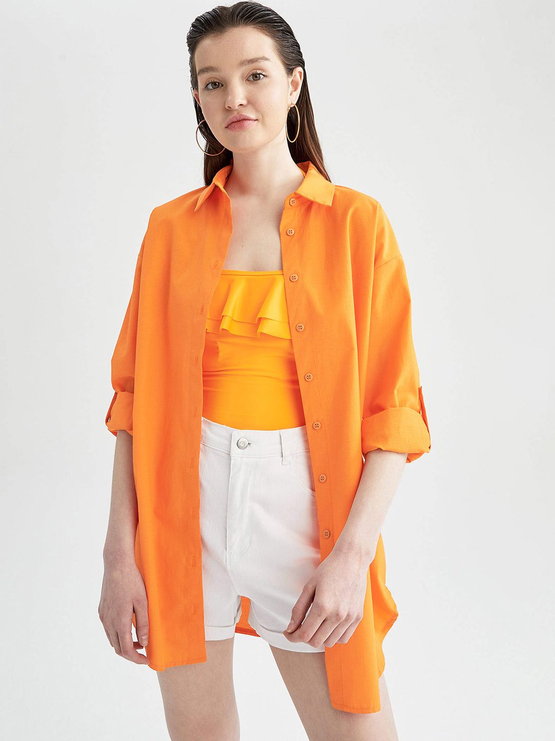DeFacto Women Orange Solid Cover-Up Shirt Price in India