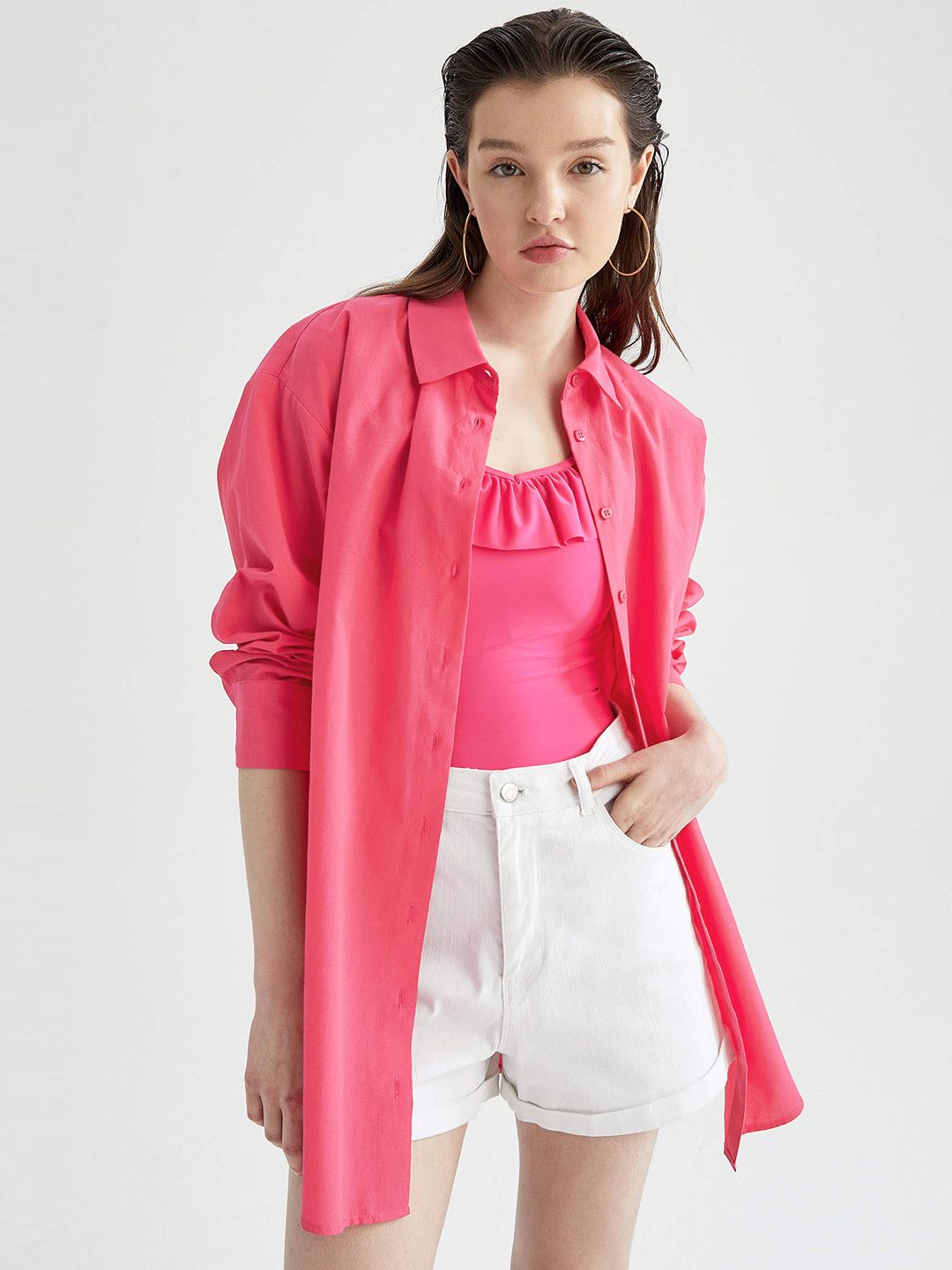 DeFacto Women Pink Solid Cover-Up Shirt Price in India