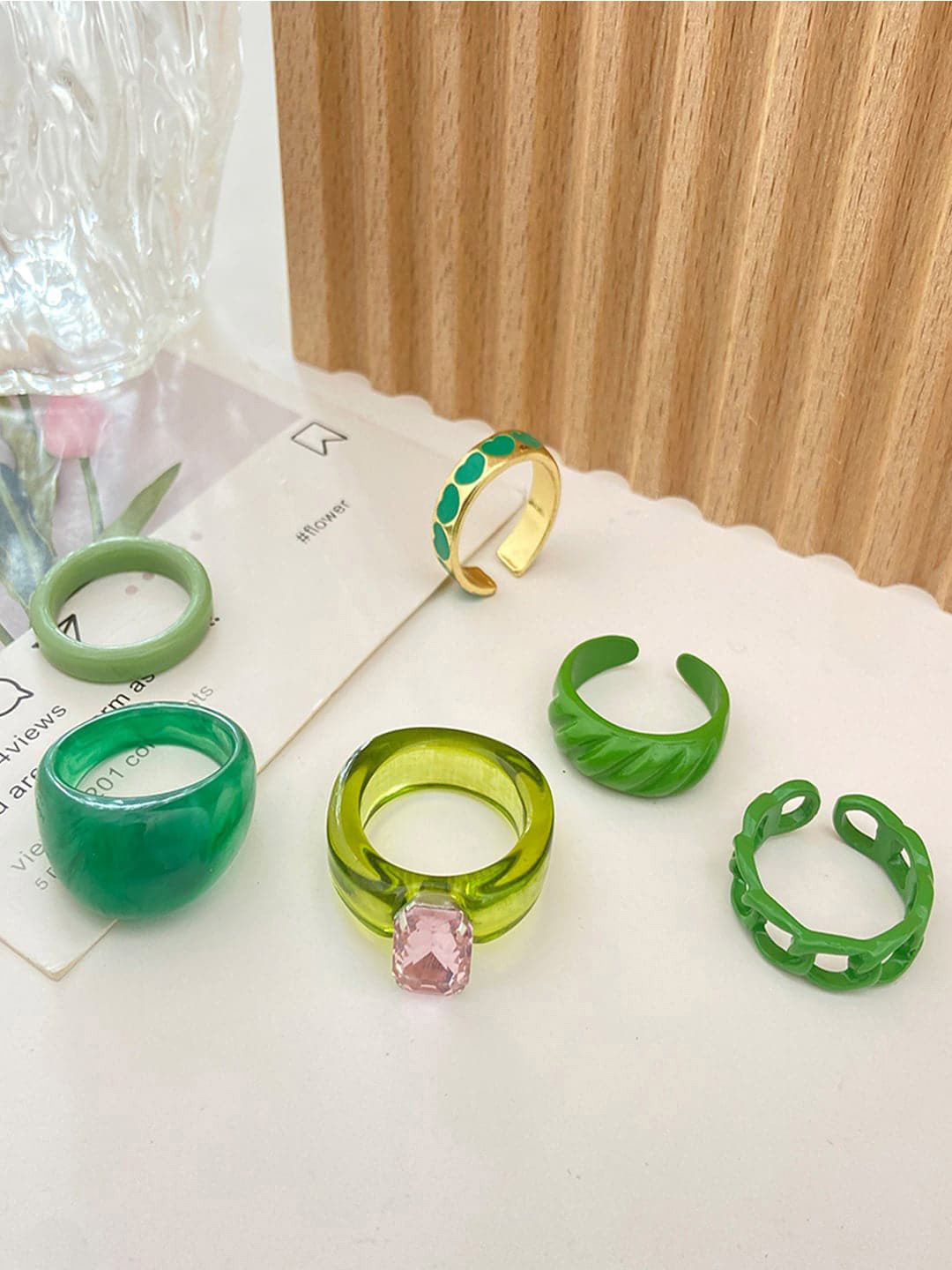 Shining Diva Fashion Set Of 6 Gold-Plated Green Crystal-Studded Finger Ring Price in India