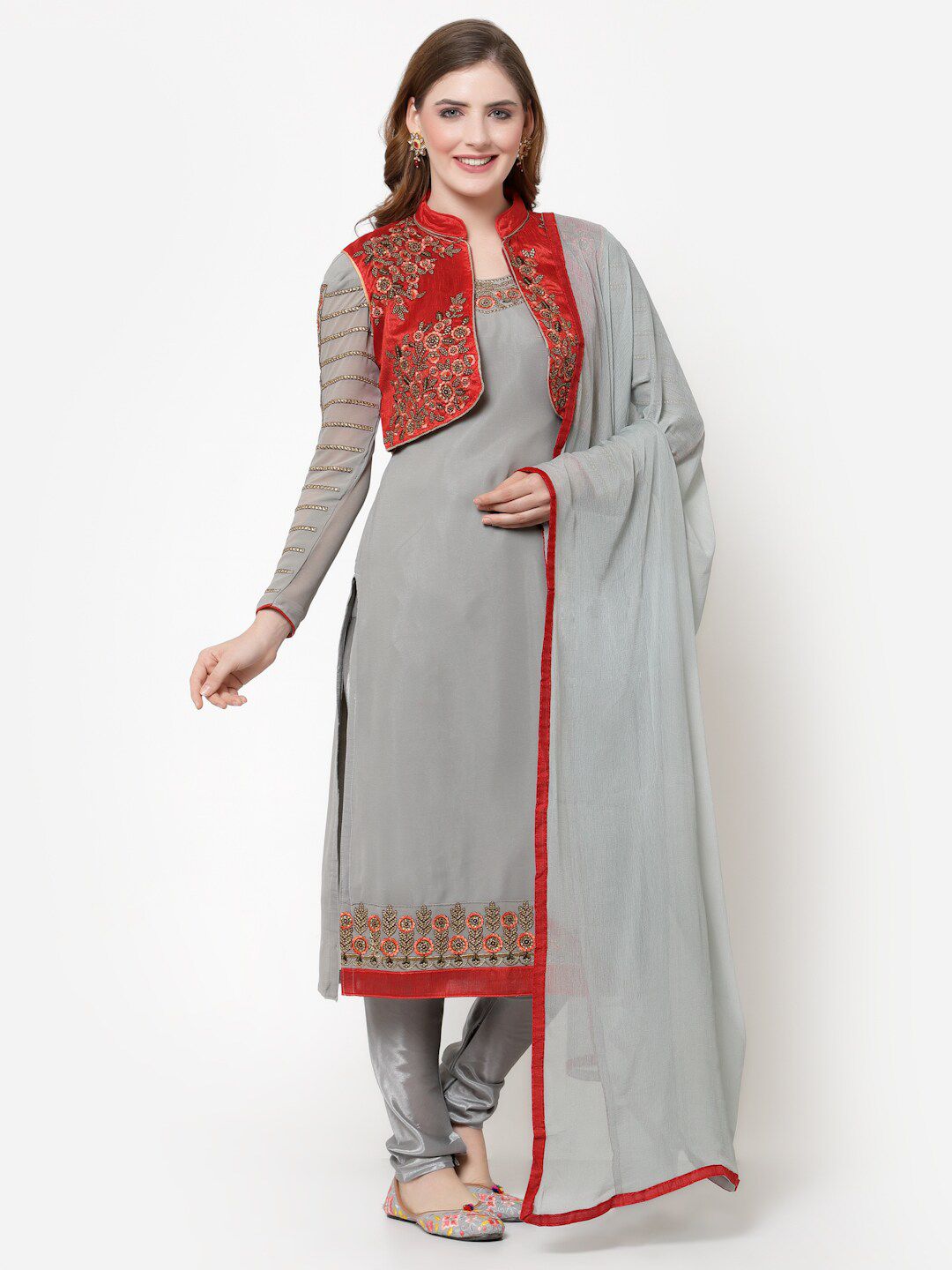 mf Grey & Red Embroidered Semi-Stitched Dress Material Price in India