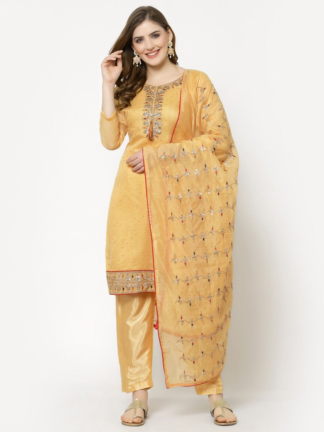 mf Yellow & Gold-Toned Embellished Unstitched Dress Material Price in India