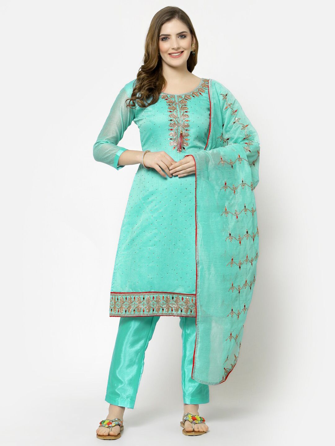 mf Sea Green & Fluorescent Green Embellished Unstitched Dress Material Price in India