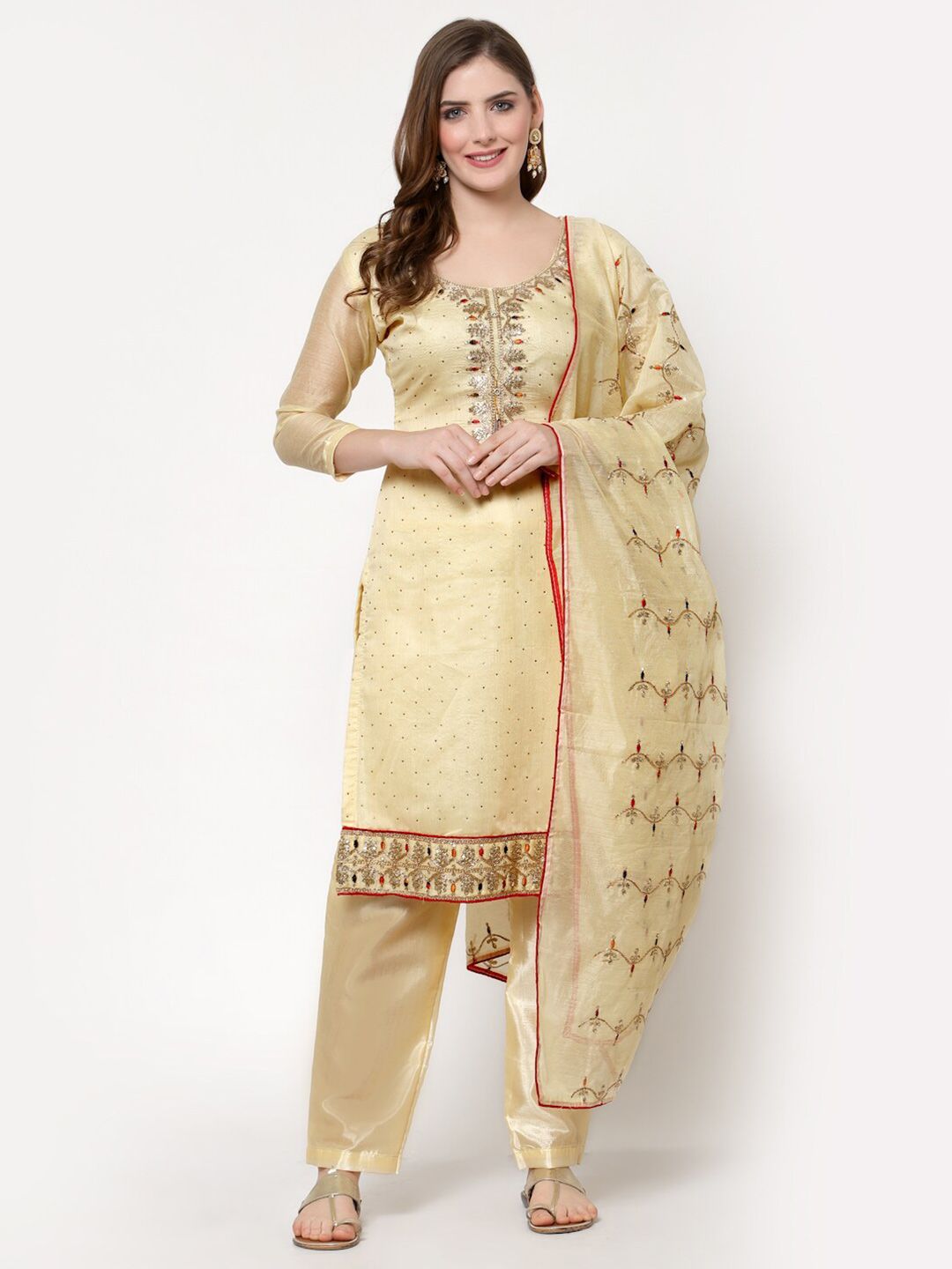 mf Cream-Coloured & Gold-Toned Embellished Unstitched Dress Material Price in India