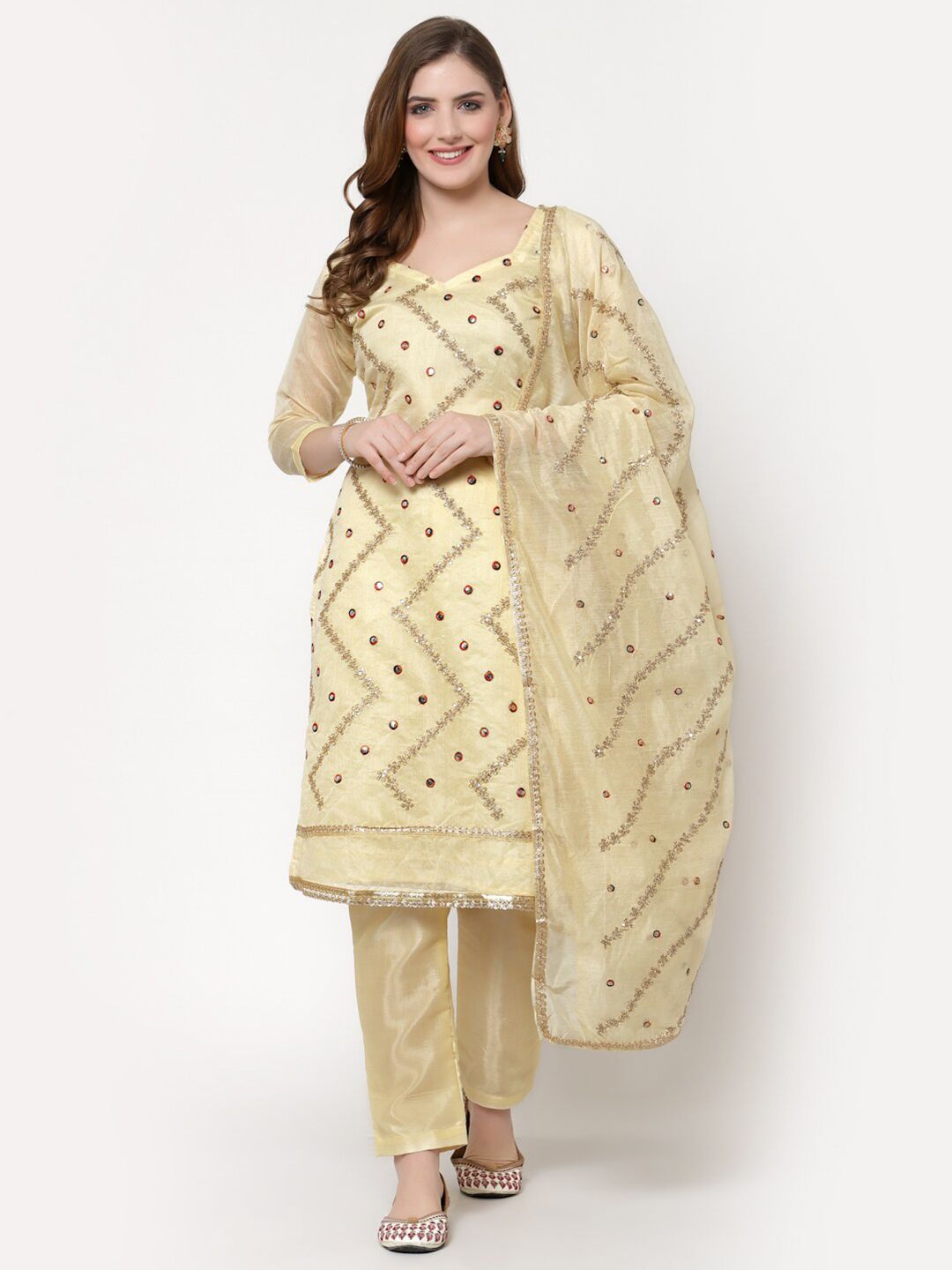 mf Cream-Coloured Embellished Unstitched Dress Material Price in India