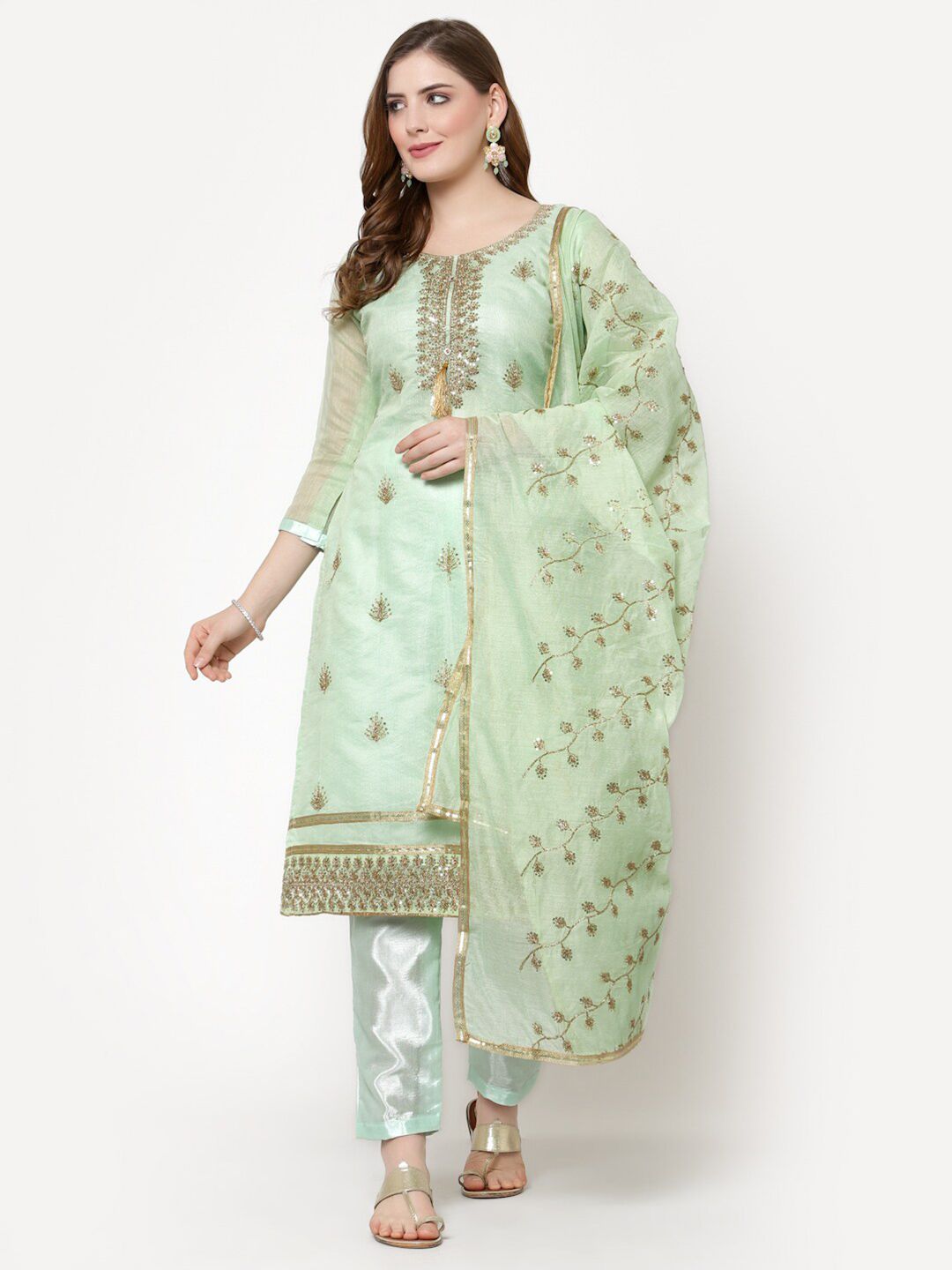 mf Sea Green & Gold-Toned Embellished Unstitched Dress Material Price in India