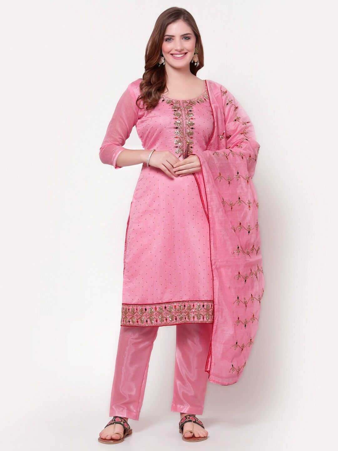 mf Pink & Gold-Toned Embellished Unstitched Dress Material Price in India