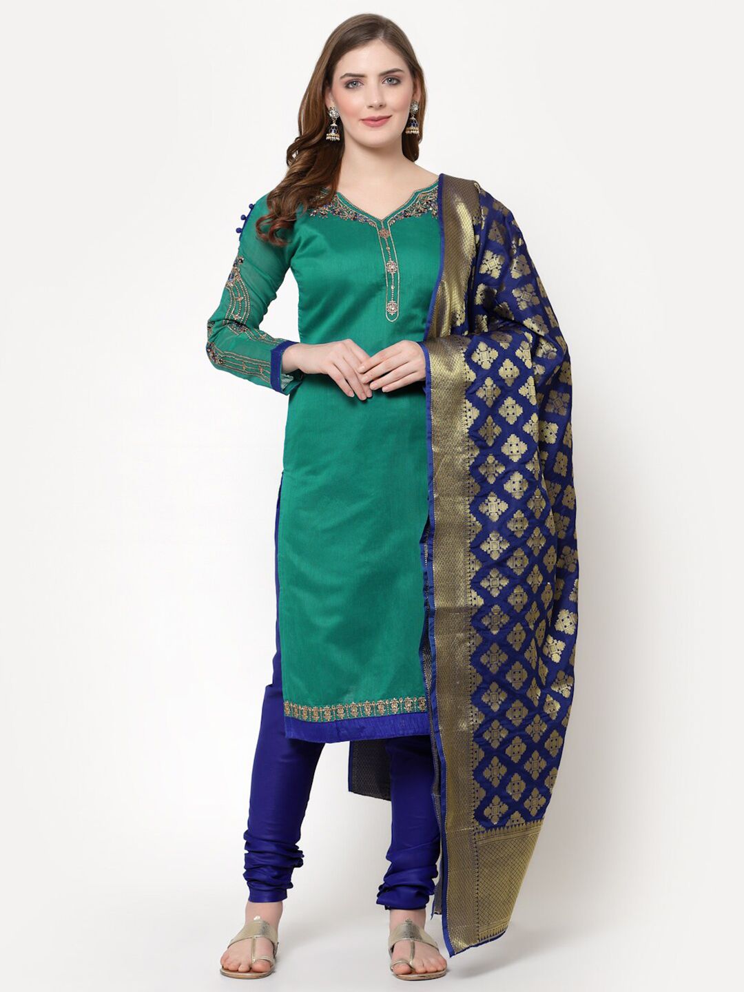 mf Teal & Blue Embroidered Unstitched Dress Material Price in India