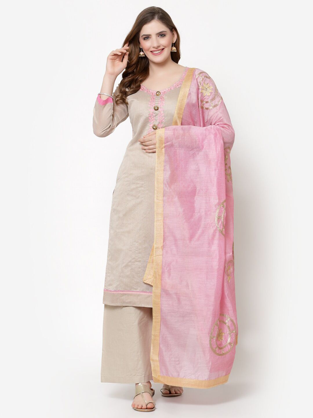 mf Beige & Pink Embroidered Unstitched Dress Material Price in India