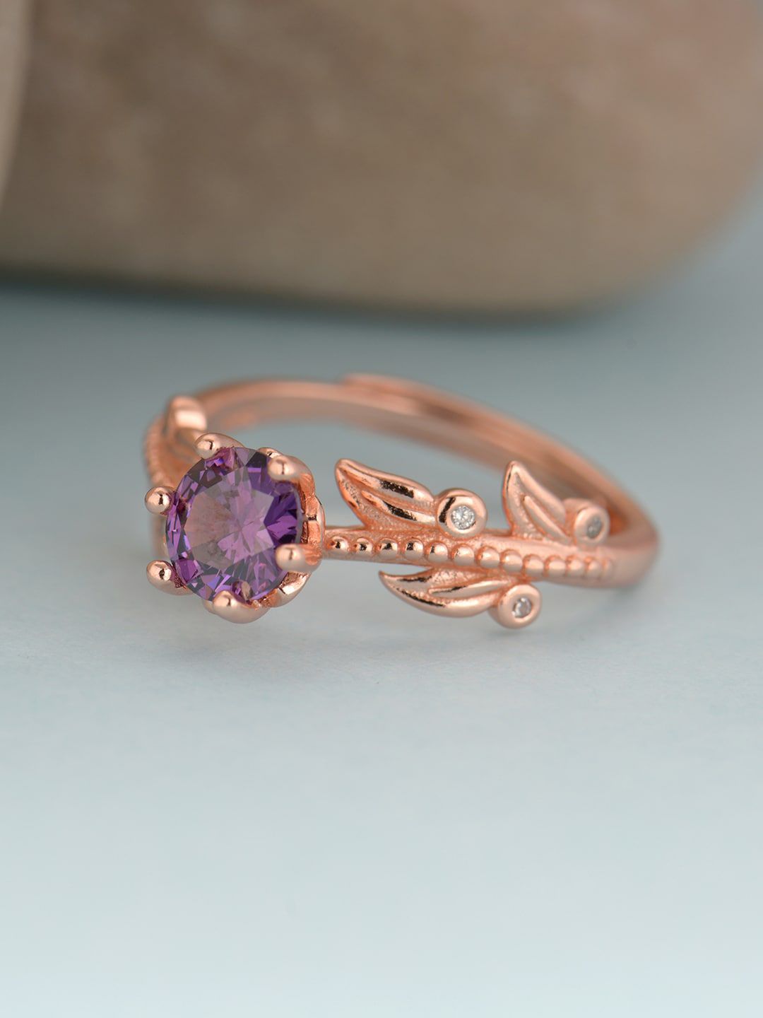 GIVA 925 Sterling Silver Rose Gold Plated  Purple Coloured Stone Studded Ring Price in India