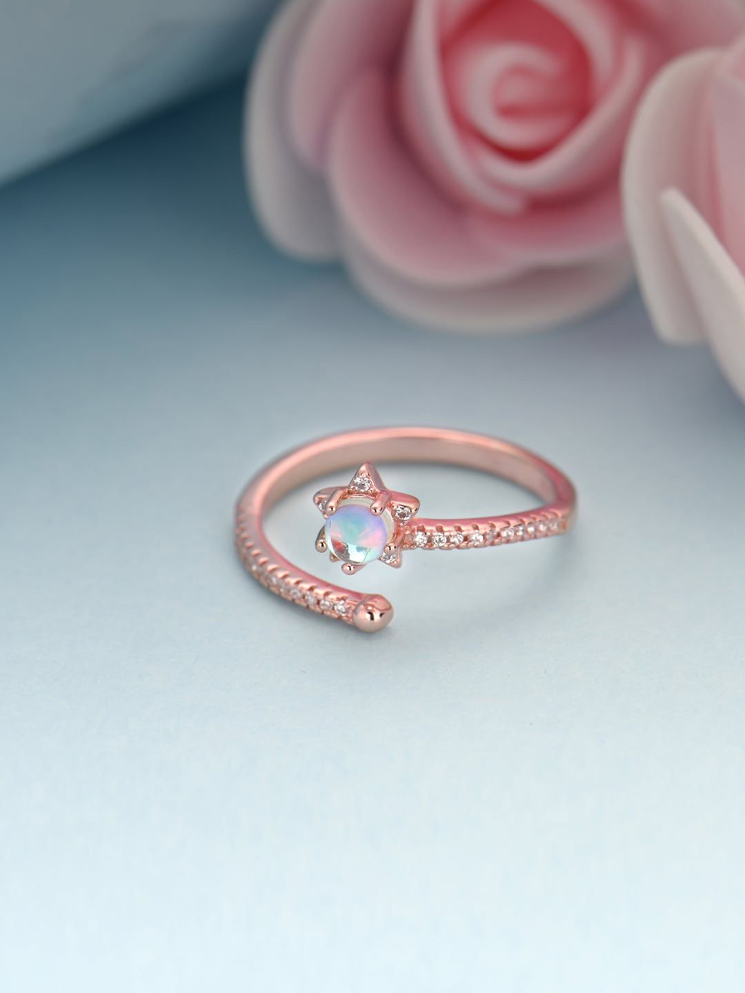GIVA 925 Sterling Silver Rose Gold Plated Aquatic Blue Stone Studded Finger Ring Price in India