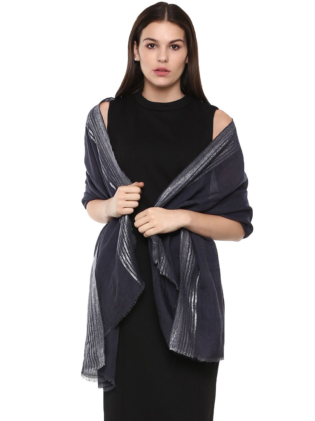 Rhe-Ana Women Charcoal & Silver-Toned Striped Stole Price in India