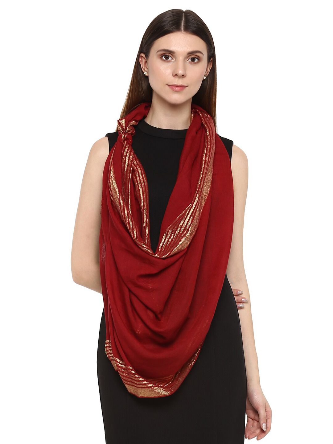 Rhe-Ana Women Burgundy & Gold-Toned Striped Stole Price in India