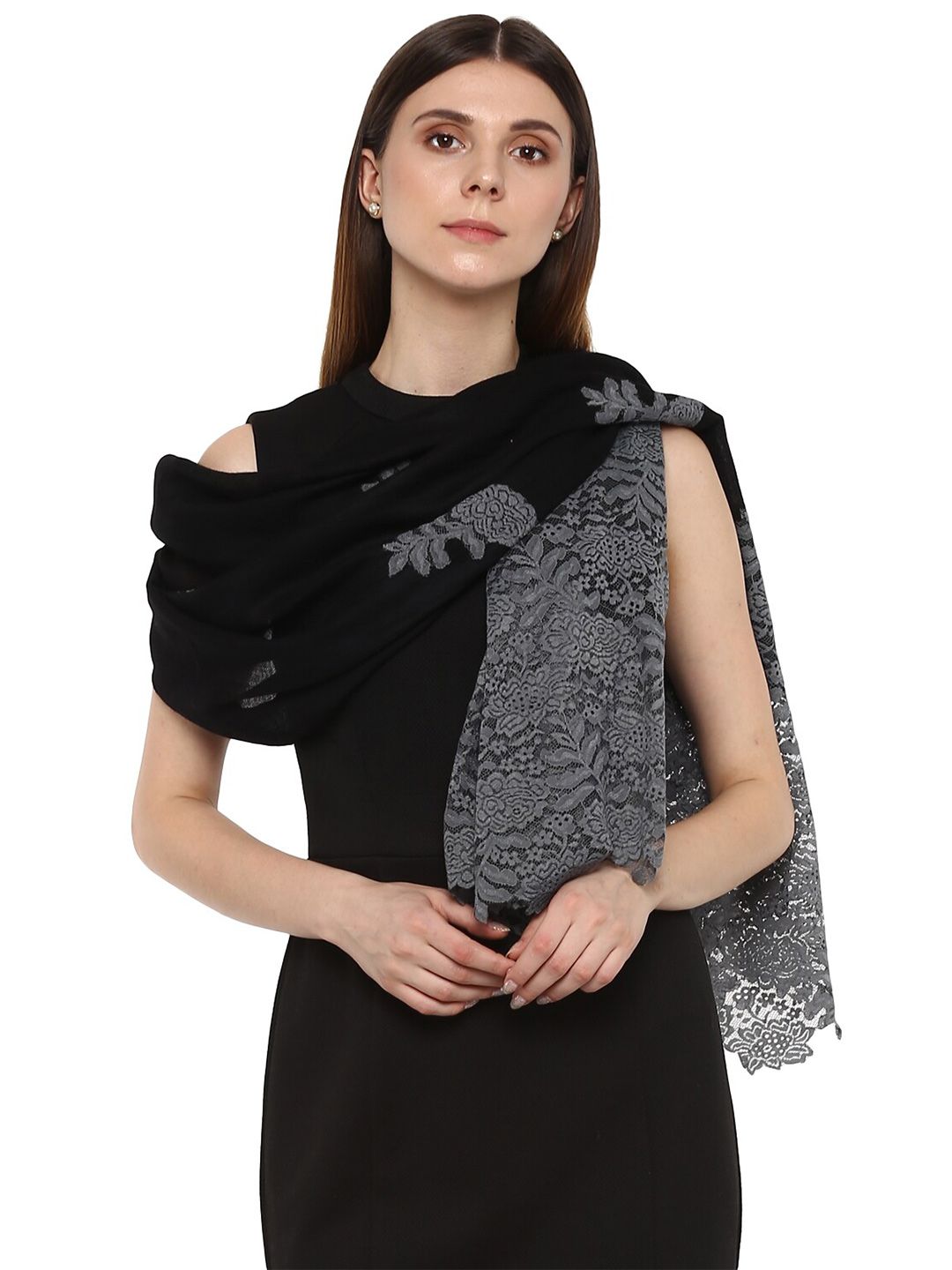 Rhe-Ana Women Black & Grey Woven Design Stole Price in India