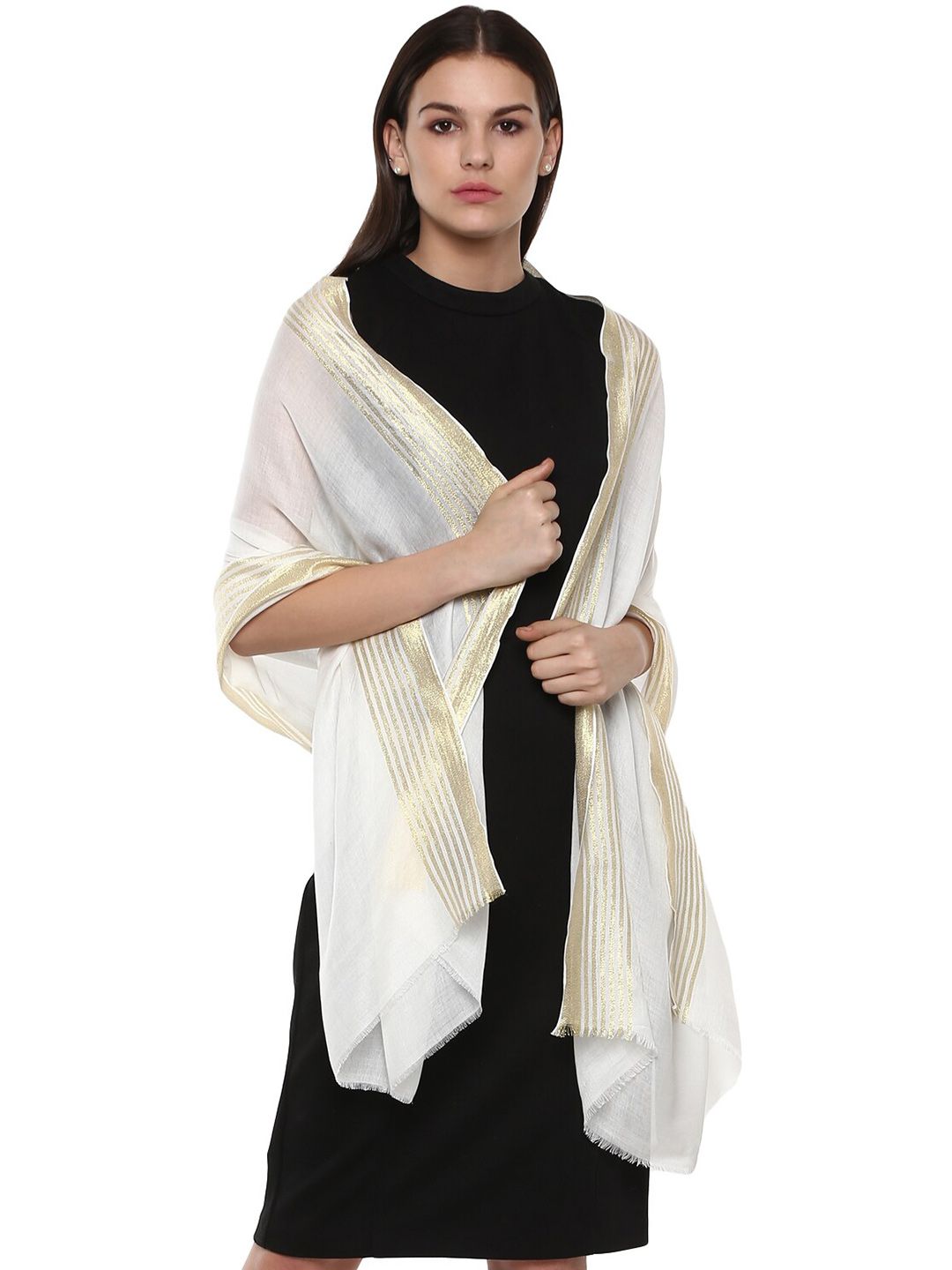 Rhe-Ana Women White & Gold-Toned Striped Stole Price in India