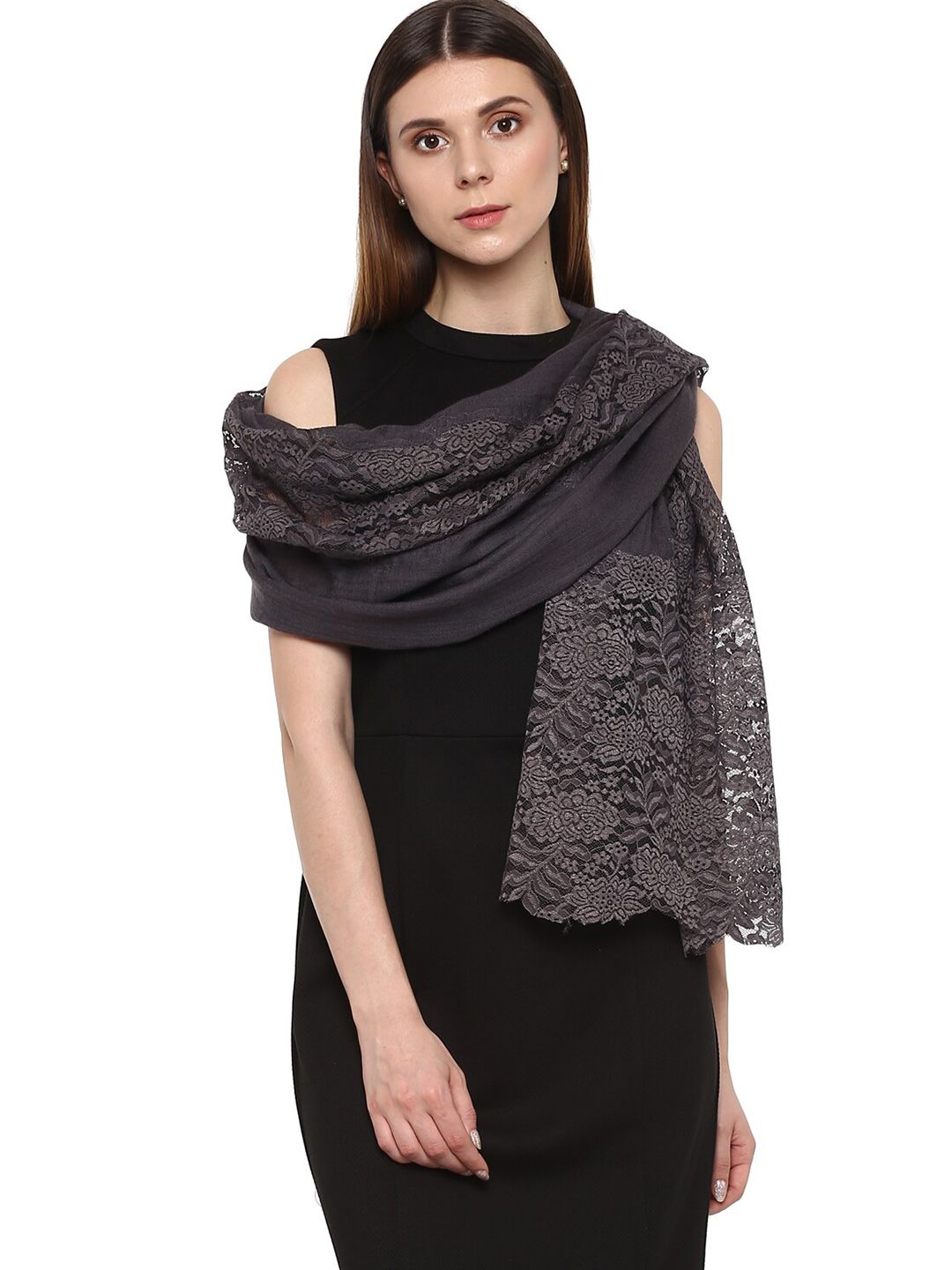 Rhe-Ana Women Charcoal Woven Design Stole Price in India