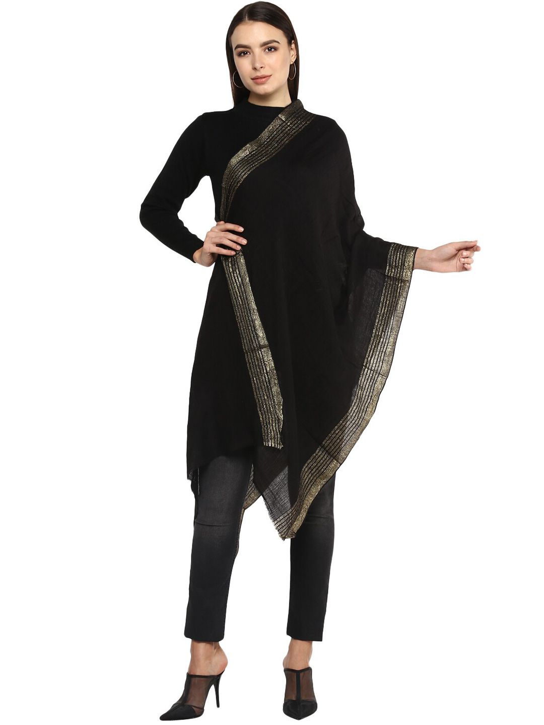 Rhe-Ana Women Black & Gold-Toned Stole Price in India