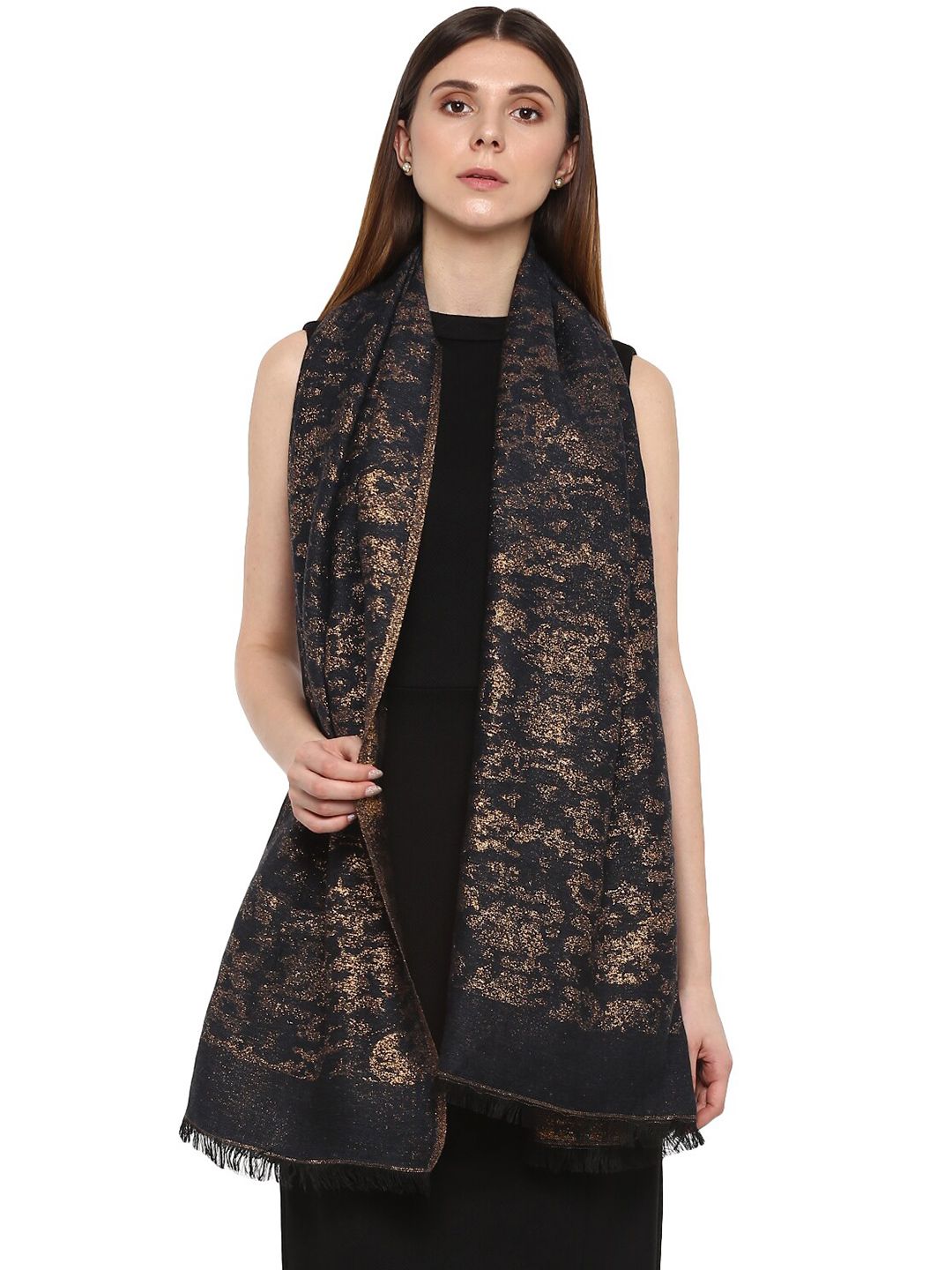 Rhe-Ana Women Copper-Toned & Navy Blue Printed Stole Price in India