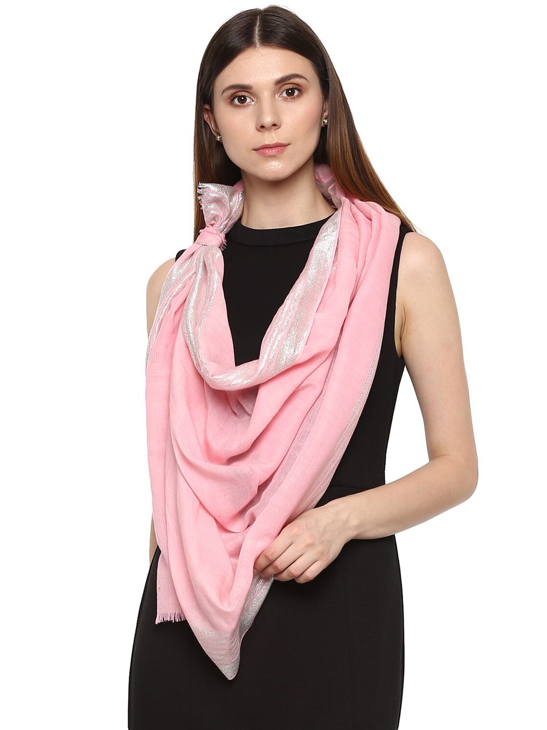 Rhe-Ana Women Pink & Silver-Toned Stole Price in India