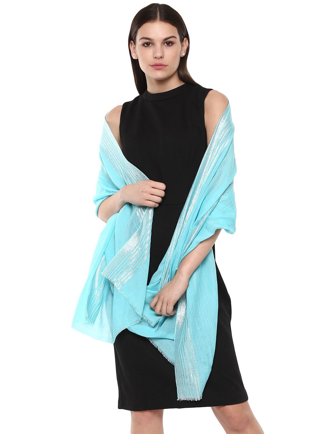 Rhe-Ana Women Turquoise Blue & Silver-Toned Stole Price in India