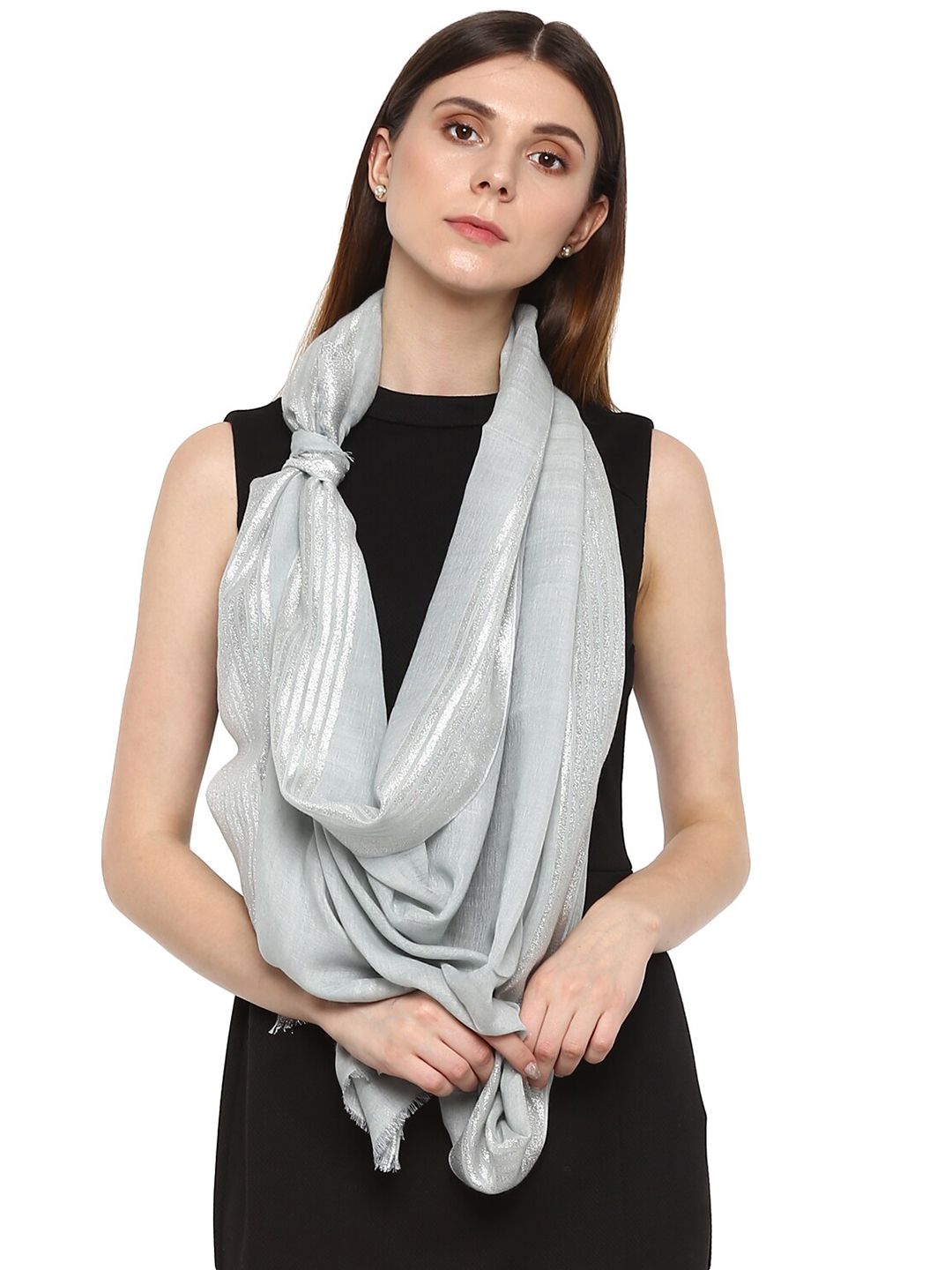 Rhe-Ana Women Grey & Silver-Toned Striped Stole Price in India