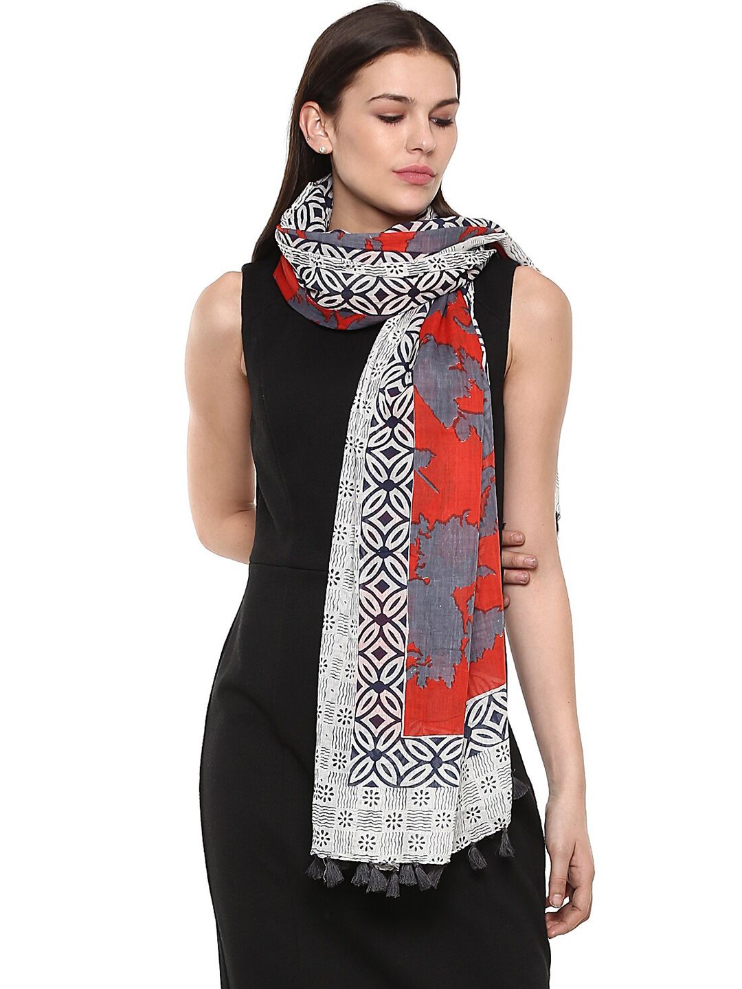 Rhe-Ana Women Red & White Printed Stole Price in India