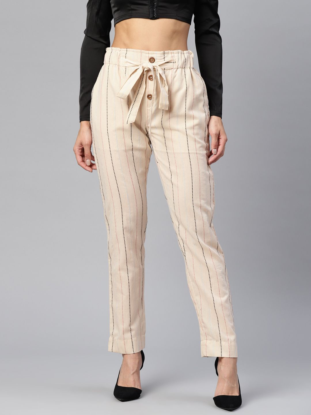 RUNWAYIN Women Beige & Black Striped Relaxed Trousers Price in India