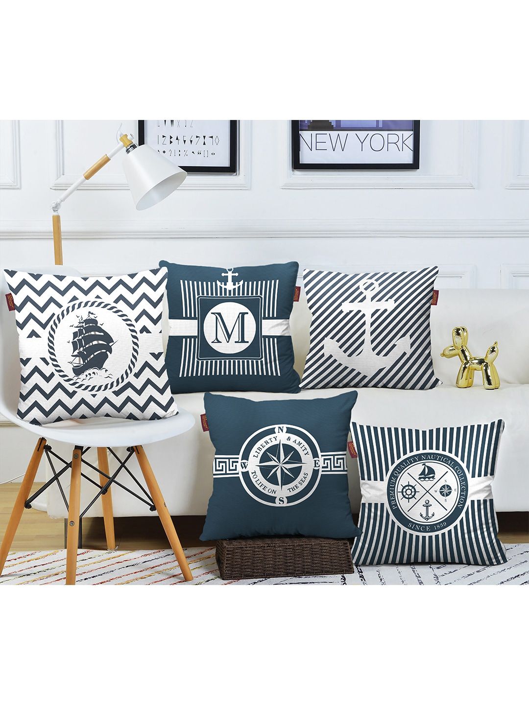 AEROHAVEN Navy Blue & White Set of 5 Abstract Square Cushion Covers Price in India