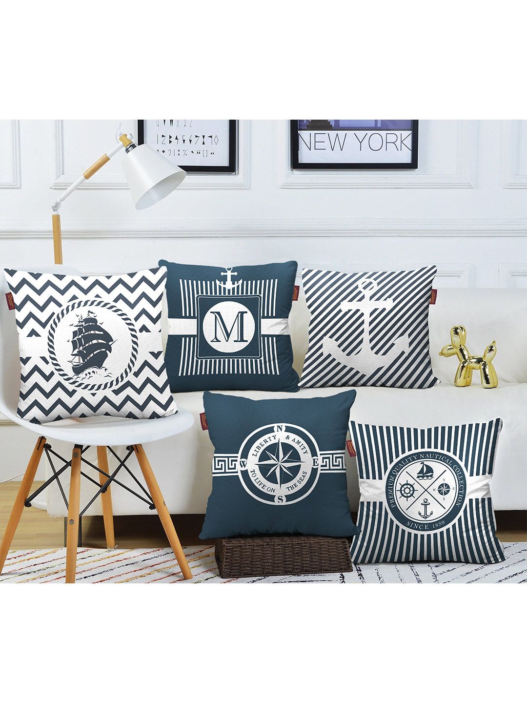 AEROHAVEN Navy Blue & White Set of 5 Geometric Square Cushion Covers Price in India