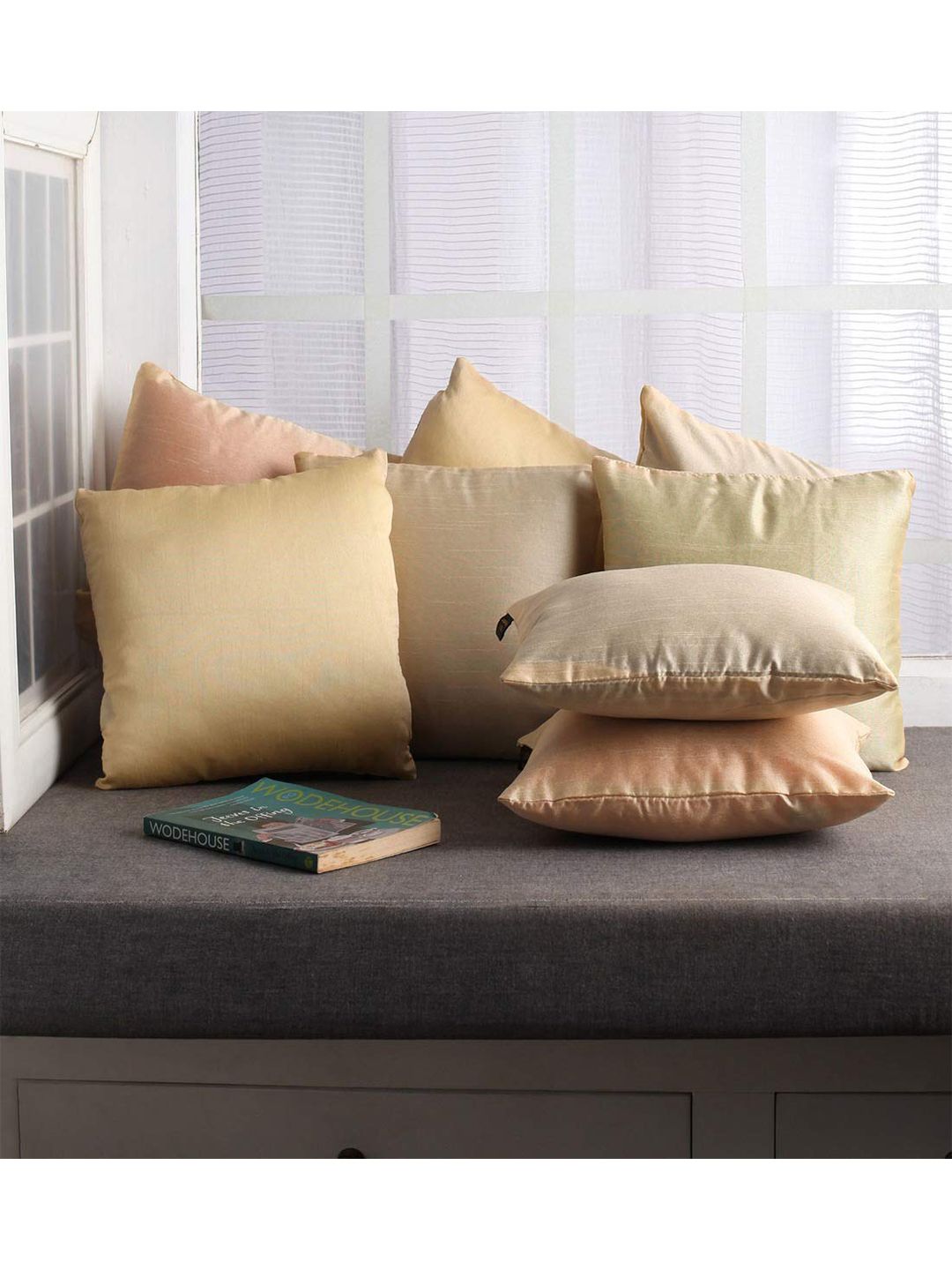 Lushomes Beige & Pink Set of 10 Square Cushion Covers Price in India