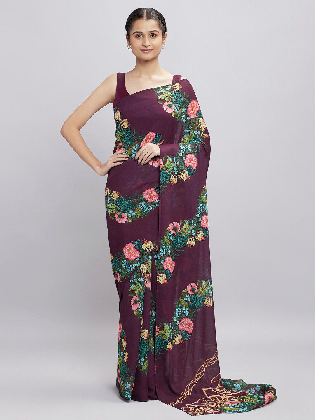 navyasa Purple & Green Floral Saree Price in India