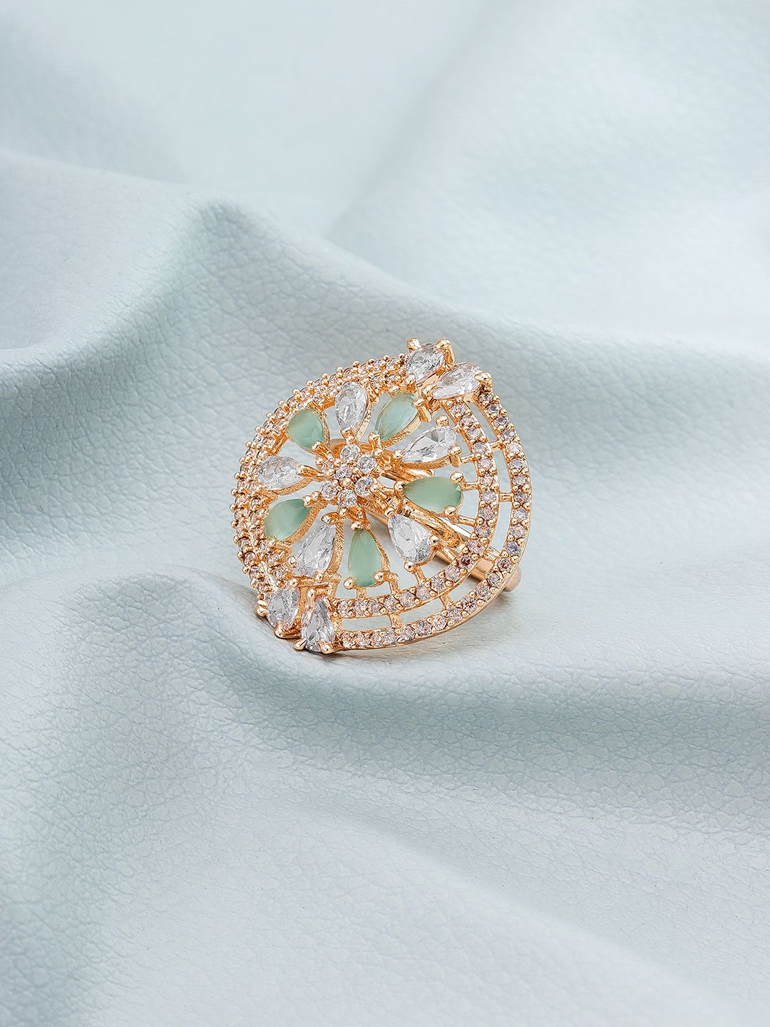 aadita Rose Gold-Plated White & Green Stone Studded & Beaded Finger Ring Price in India