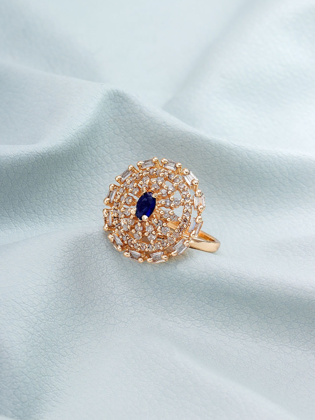 aadita Rose Gold-Plated White & Blue Stone-Studded Finger Ring Price in India