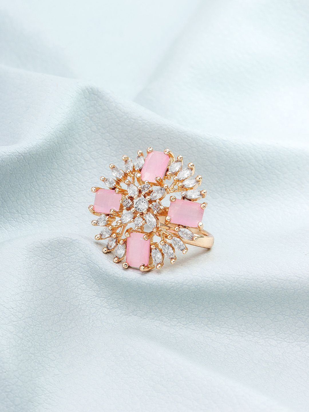 aadita Rose Gold-Plated White & Pink Stone Studded Finger Ring Price in India