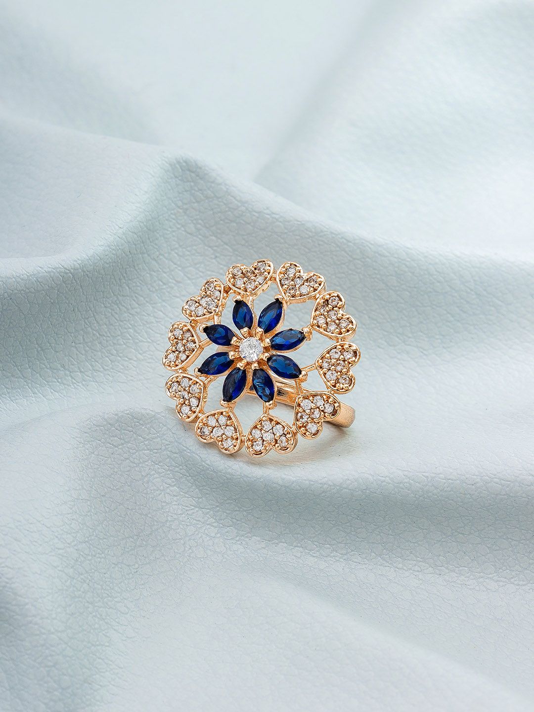 aadita Rose Gold-Plated Blue & White Stone-Studded Finger Ring Price in India