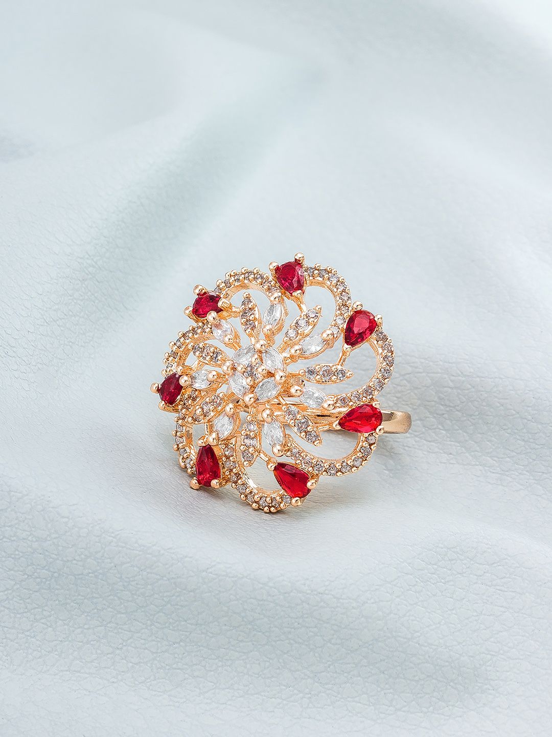 aadita Rose Gold-Plated White & Red Stones-Studded & Beaded Finger Ring Price in India