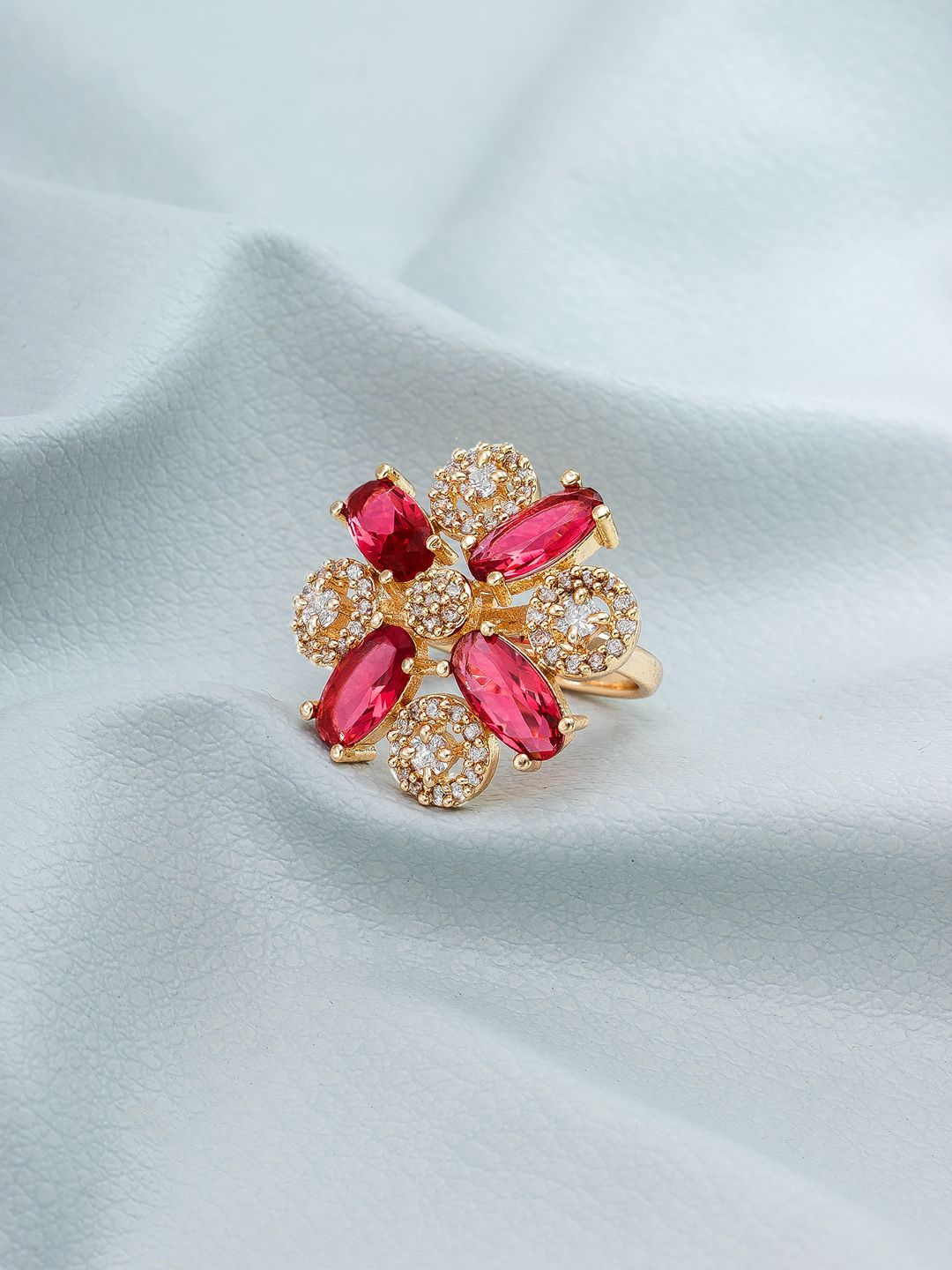 aadita Rose Gold-Plated White & Pink Stone Studded & Beaded Finger Ring Price in India