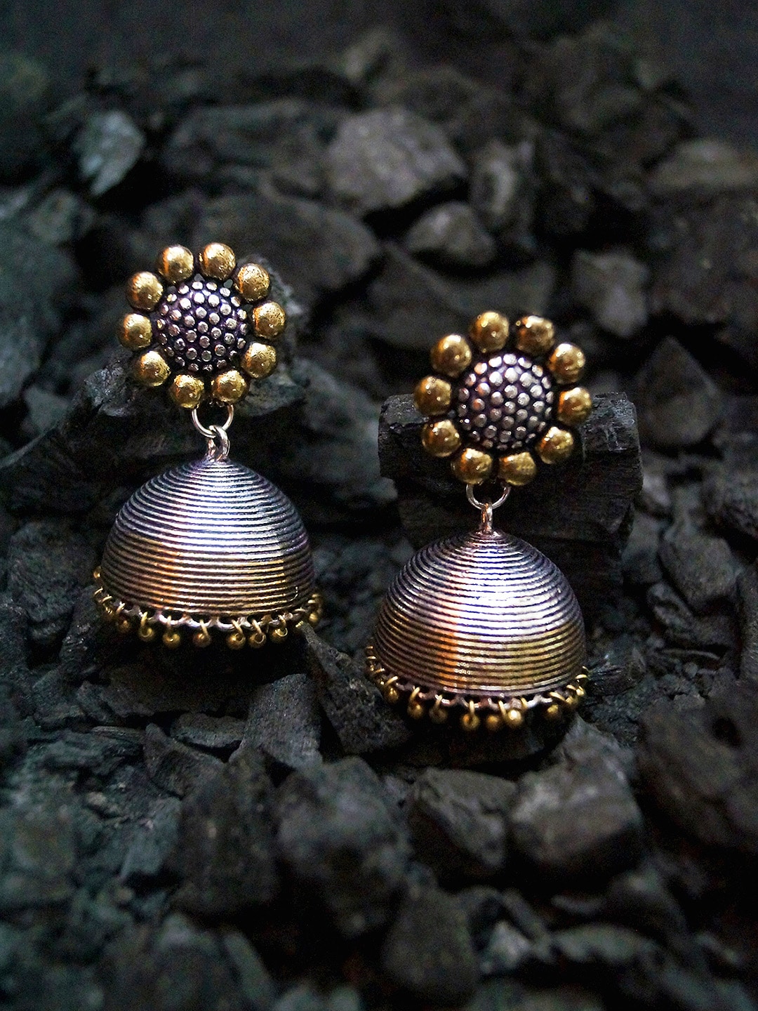 Rubans Oxidised Silver & Antique Gold-Toned Dome-Shaped Jhumkas Price in India
