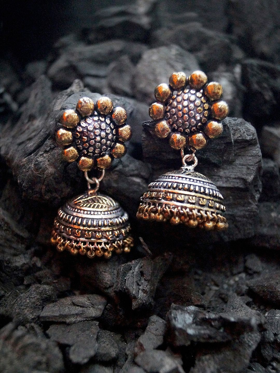 Rubans Oxidised Silver & Antique Gold-Toned Dome-Shaped Jhumkas Price in India