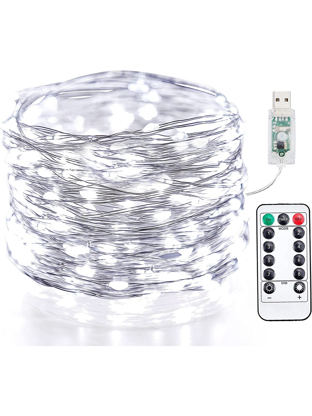 XERGY White 100 LED Silver Wire String Lights 8 Modes USB Powered with Remote Control Price in India