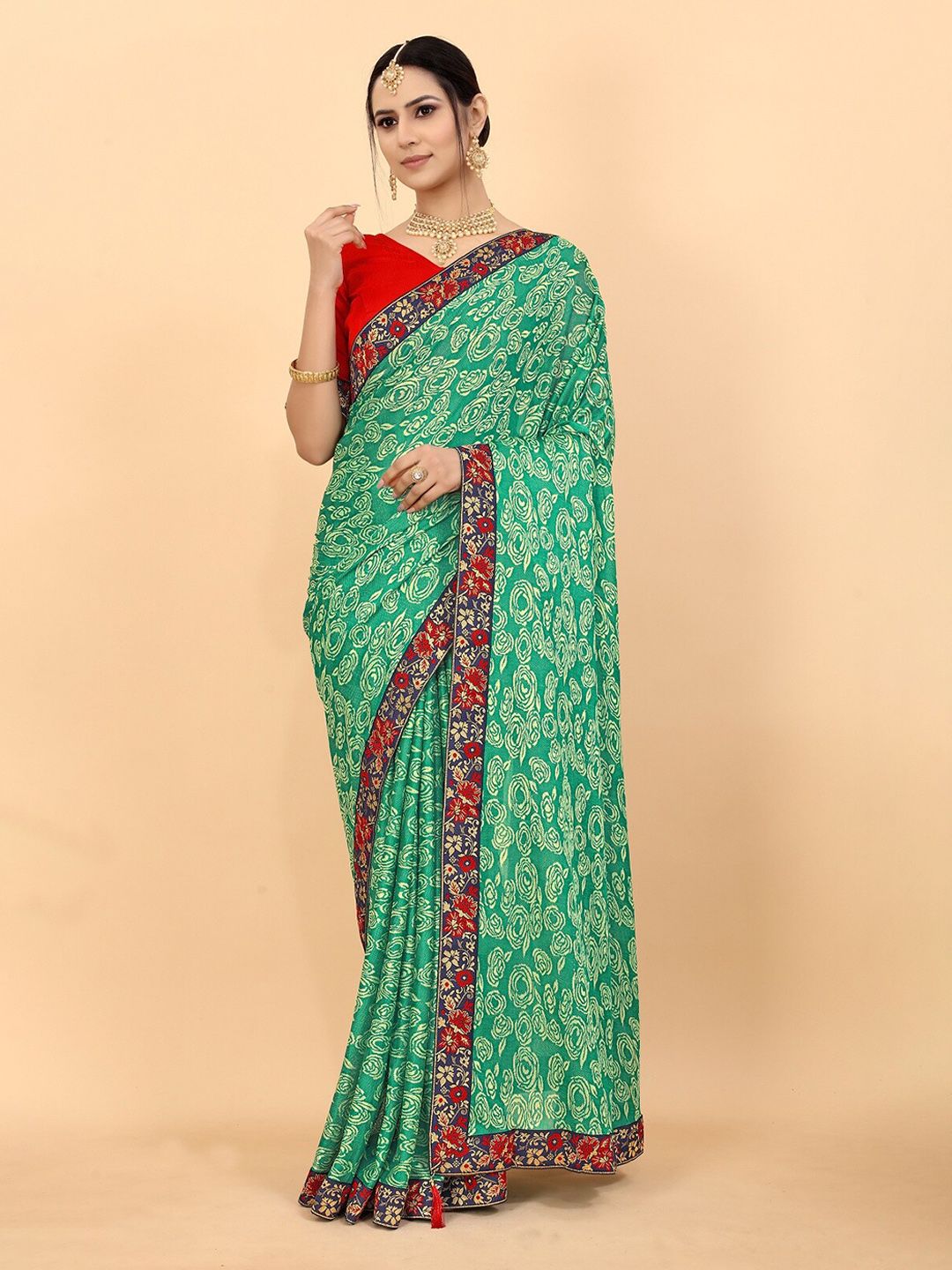 Fashion Basket Green & Cream-Coloured Floral Lycra Saree