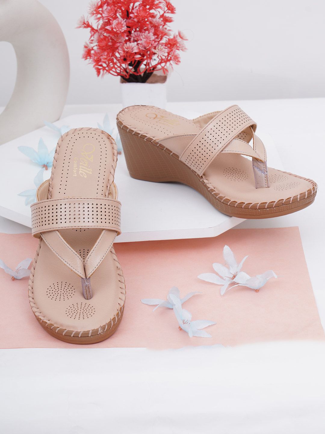 VEILLE Pink PU Wedge Sandals with Laser Cuts Price in India