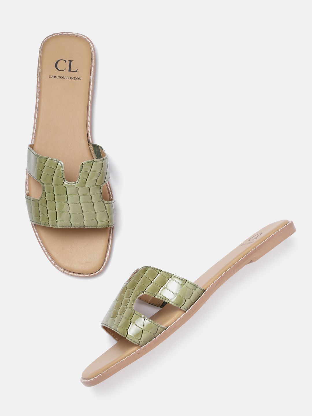 Carlton London Women Green Croc Textured Open Toe Flats Price in India