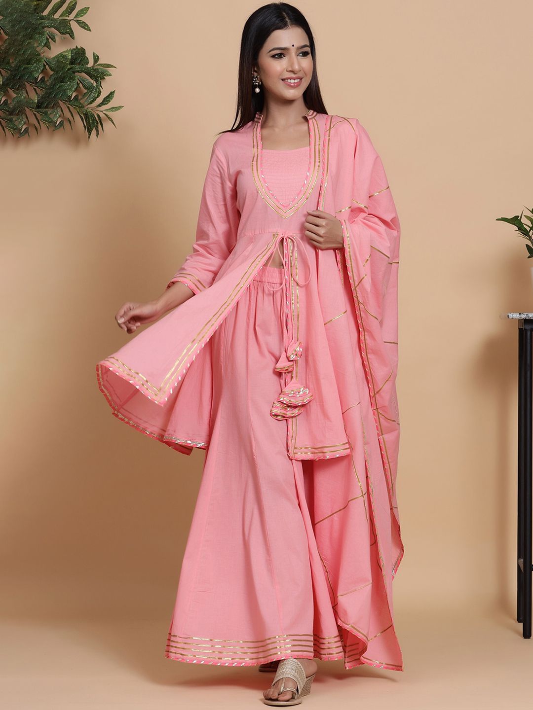 mirari Women Pink Floral Embroidered Angrakha Pure Cotton Kurti with Skirt & With Dupatta Price in India