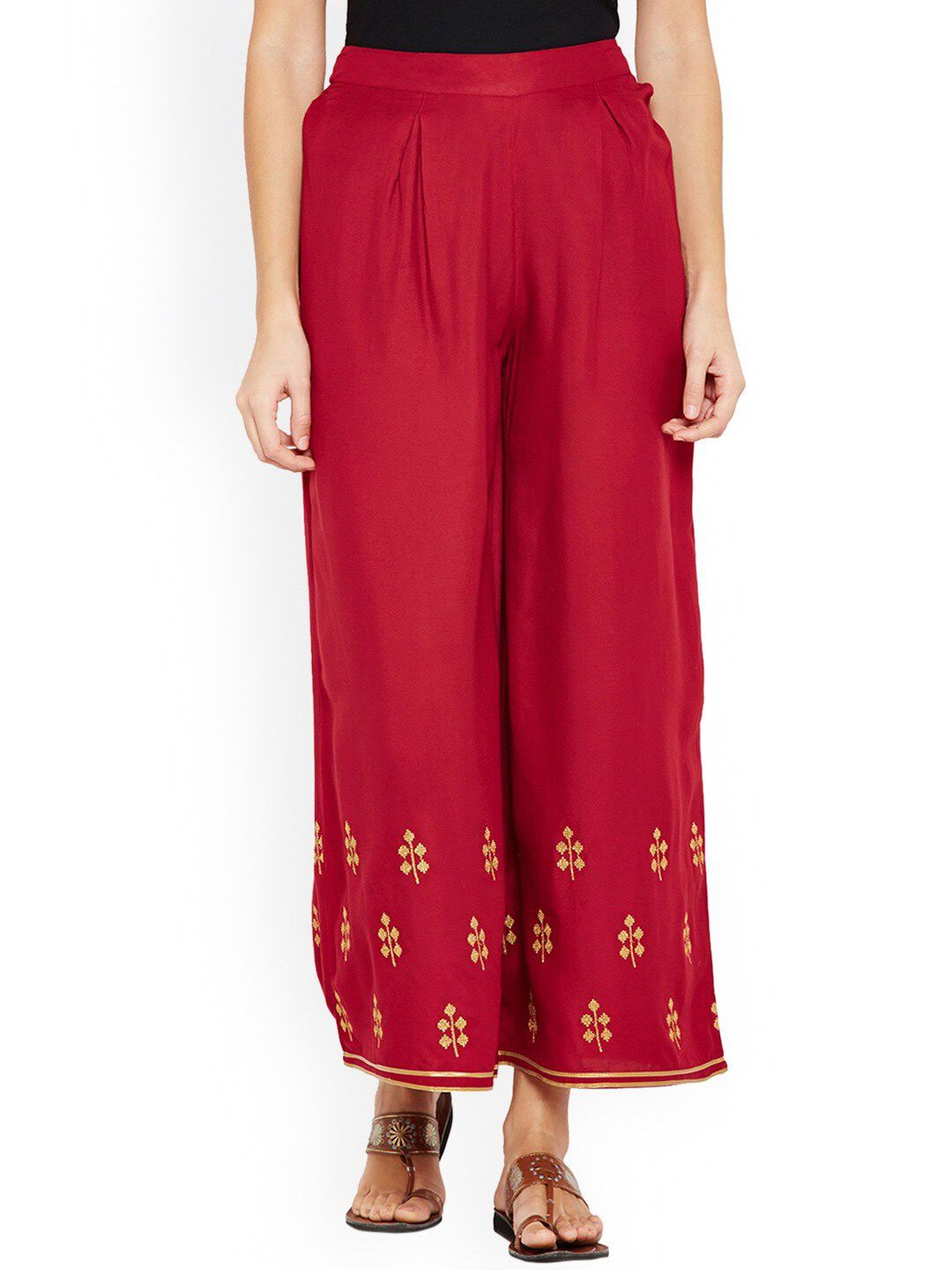 Be Indi Women Maroon & Gold-Toned Embroidered Flared Ethnic Palazzos Price in India