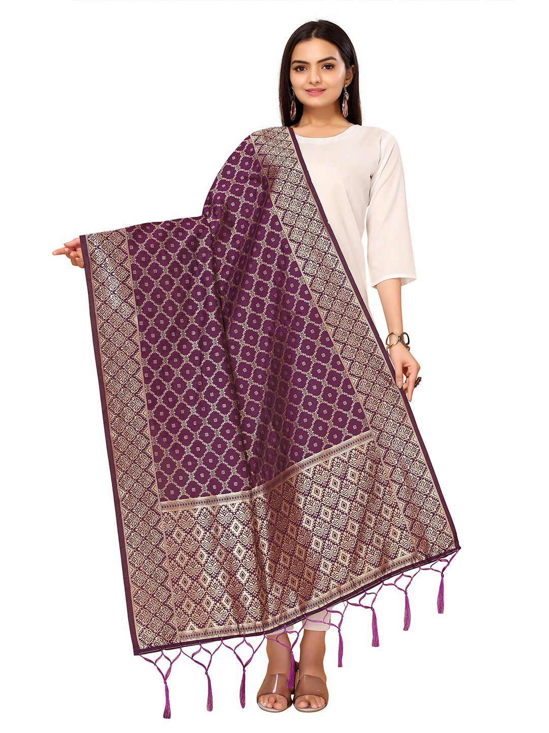 Nimayaa Purple & Gold-Toned Ethnic Motifs Woven Design Dupatta with Zari Price in India