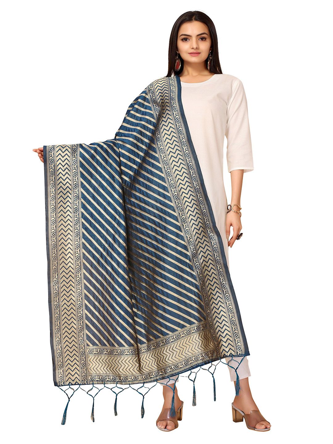 Nimayaa Teal & Silver-Toned Woven Design Dupatta Price in India