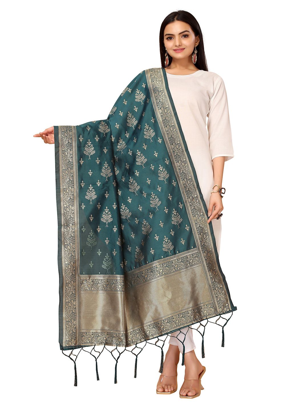 Nimayaa Teal & Gold-Toned Woven Design Dupatta Price in India